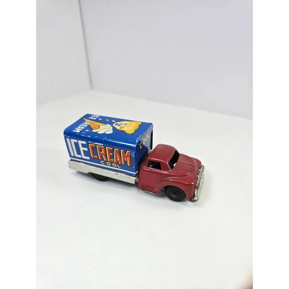 Vintage Tin Litho Ice Cream Delivery Truck Toy Friction Red Blue Advertising